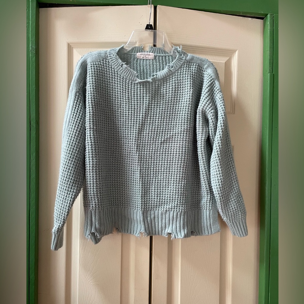 Zenana Outfitters Frayed Knit Sweater in Soft Blue